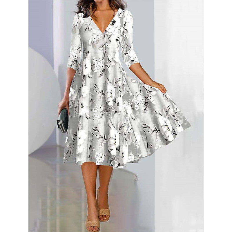 Knitted Loose Digital Positioning Printed V-neck Dress