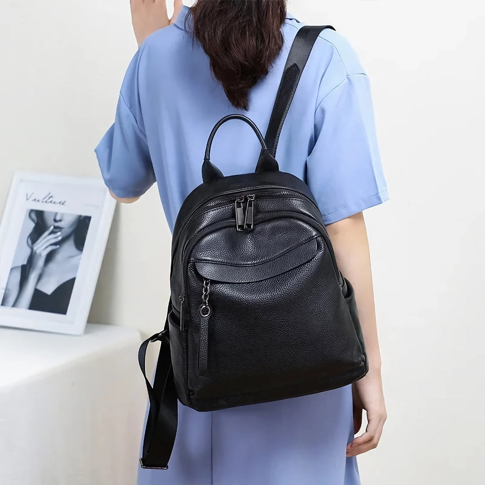 Stylish Black Cowhide Leather Backpack for College Girls