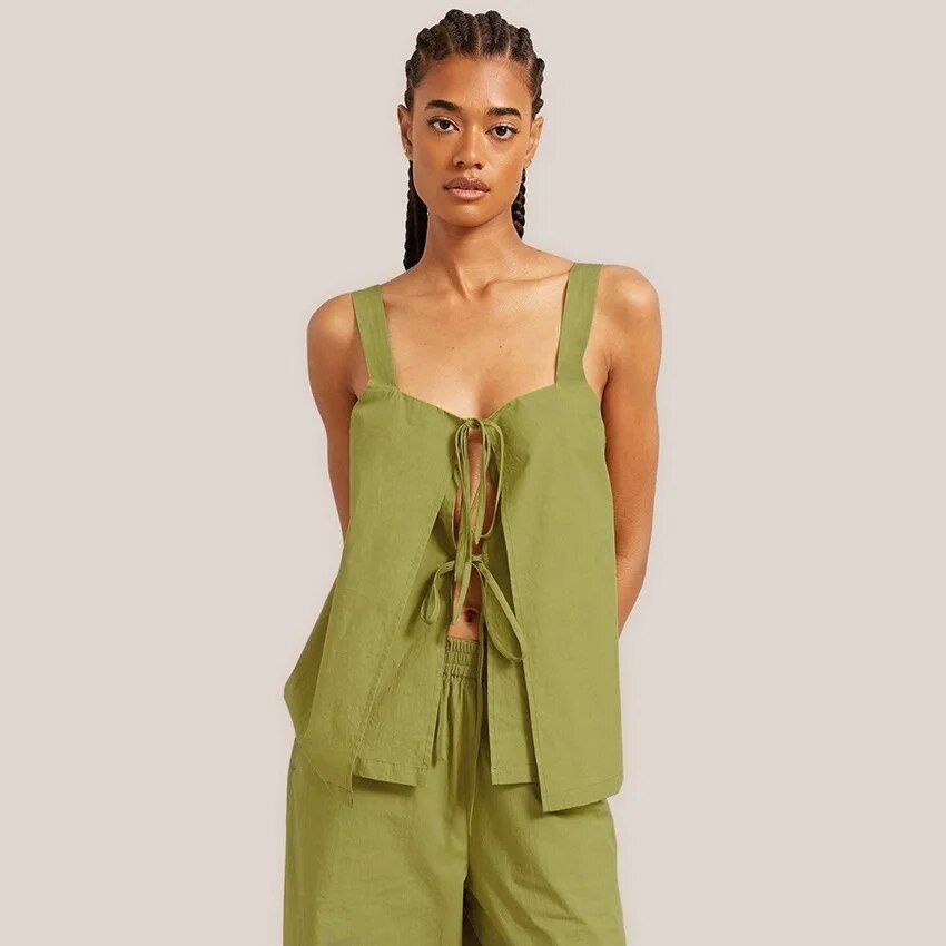Women's Cotton Two-Piece Sleeveless Top and Long Pants Casual Suit