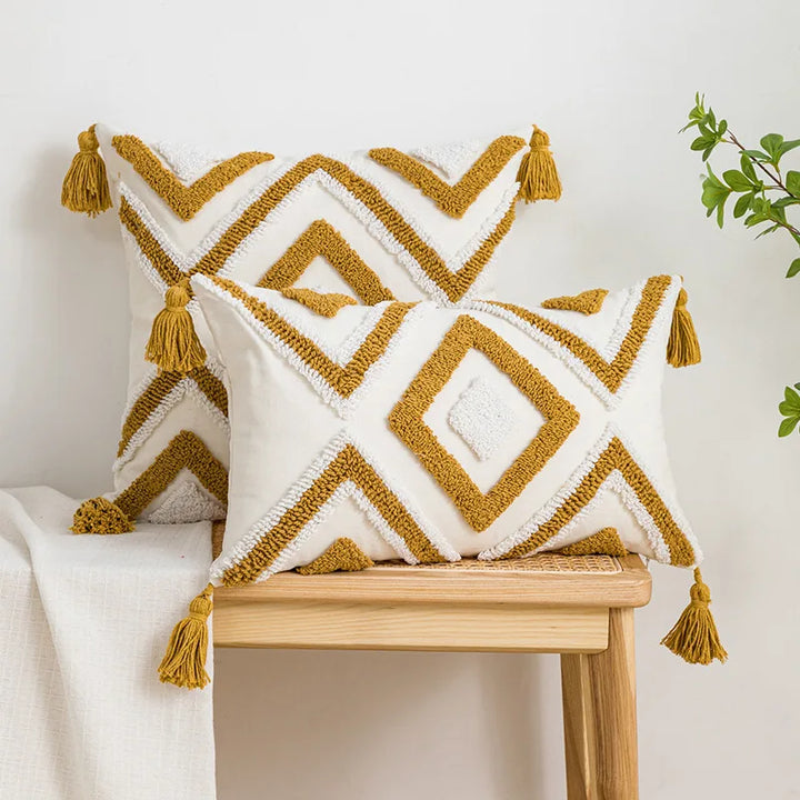 Geometric Embroidered Cotton Tufted Pillow Cover with Fringe – Decorative Cushion for Sofa – 18x18in/12x20in