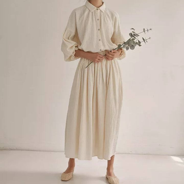 Elegant Lantern Sleeve Shirt + Skirt Two Piece Set