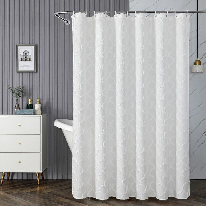 White Boho Shower Curtain with Tufted Pleat Floral Pattern