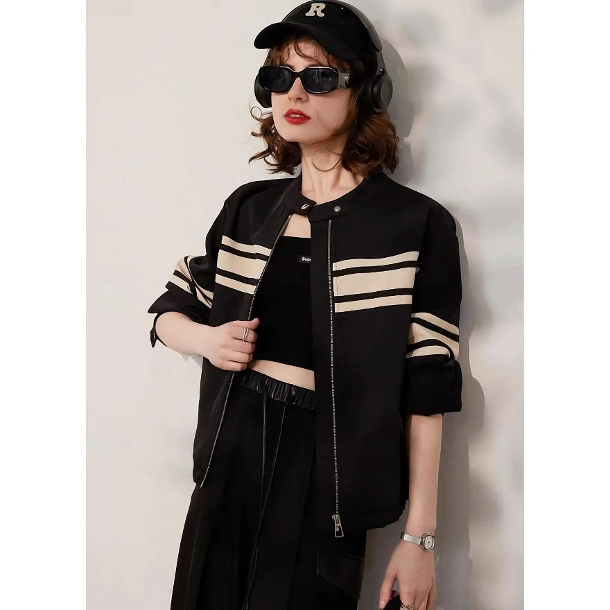 Spring Women's Loose Fit Striped Jacket with Contrast Colors