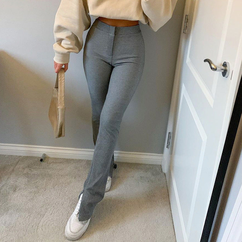 Pure color high waist skinny split casual pants women