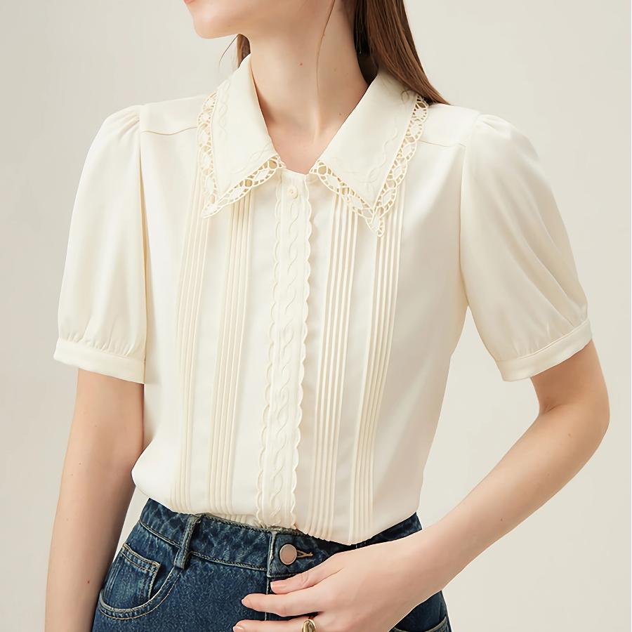 Elegant Summer Embroidered Polo-Neck Blouse with Petal Sleeves
