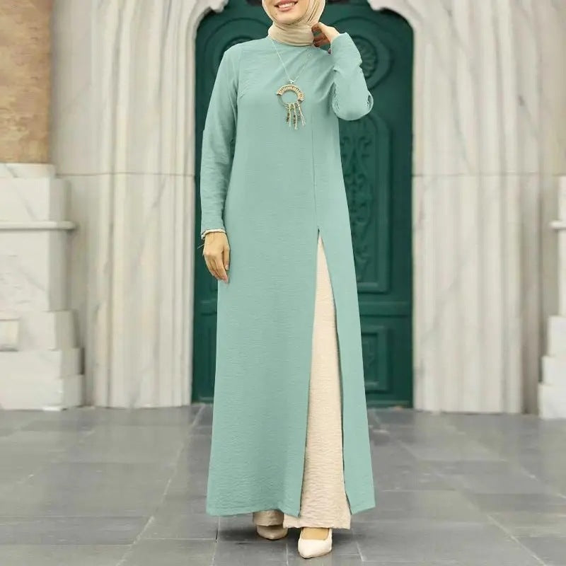 Muslim Women's Wear Ice Silk Wrinkle Long Sleeve High Slit Hem Dress