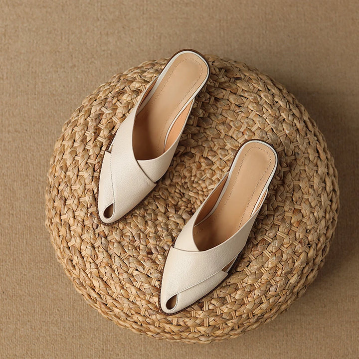 Summer Leather Mules for Women | Pointed Toe Chunky Heel Sandals