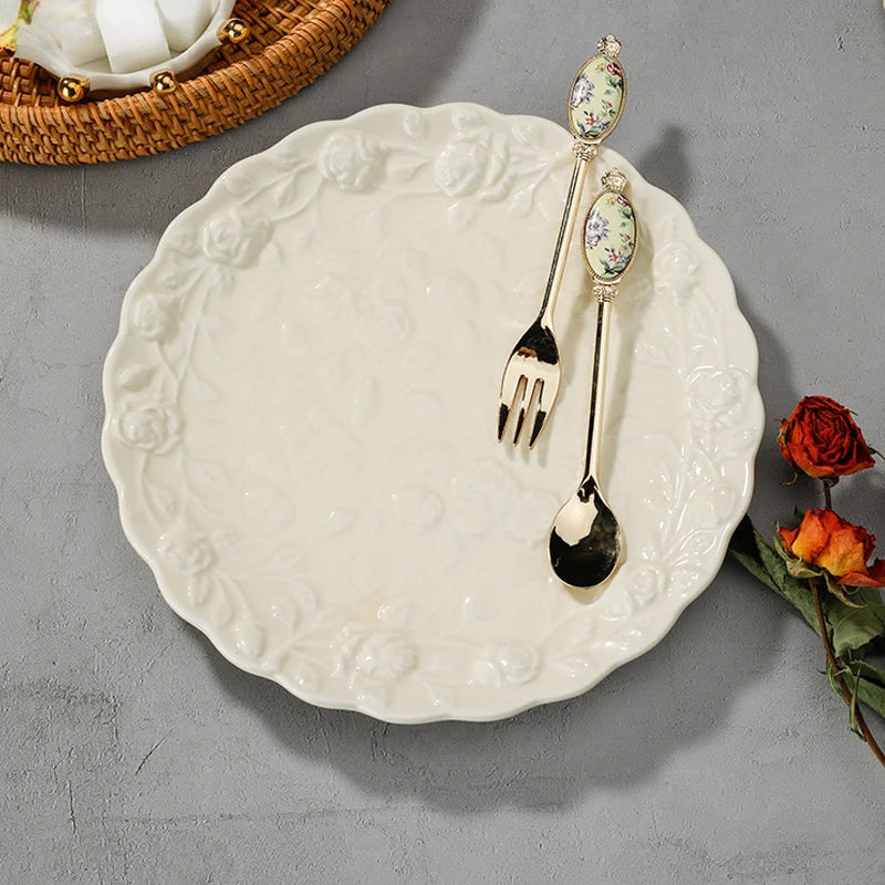 Embossed Rose Ceramic Dessert Plate