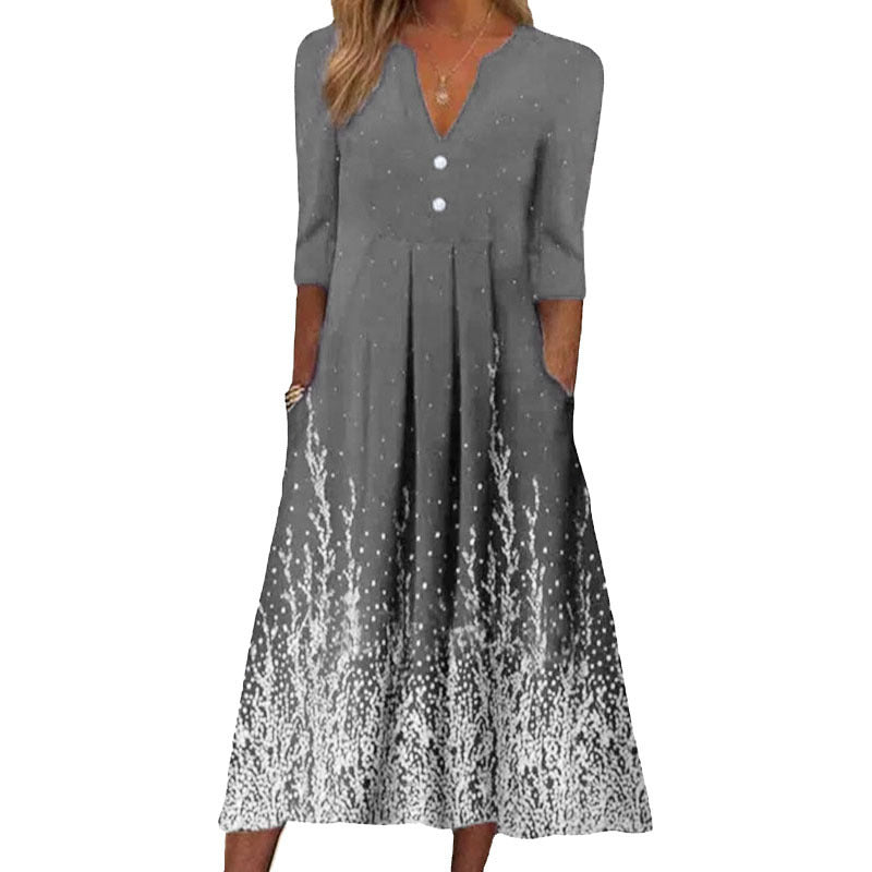 Digital Printed V-neck Long-sleeved Dress