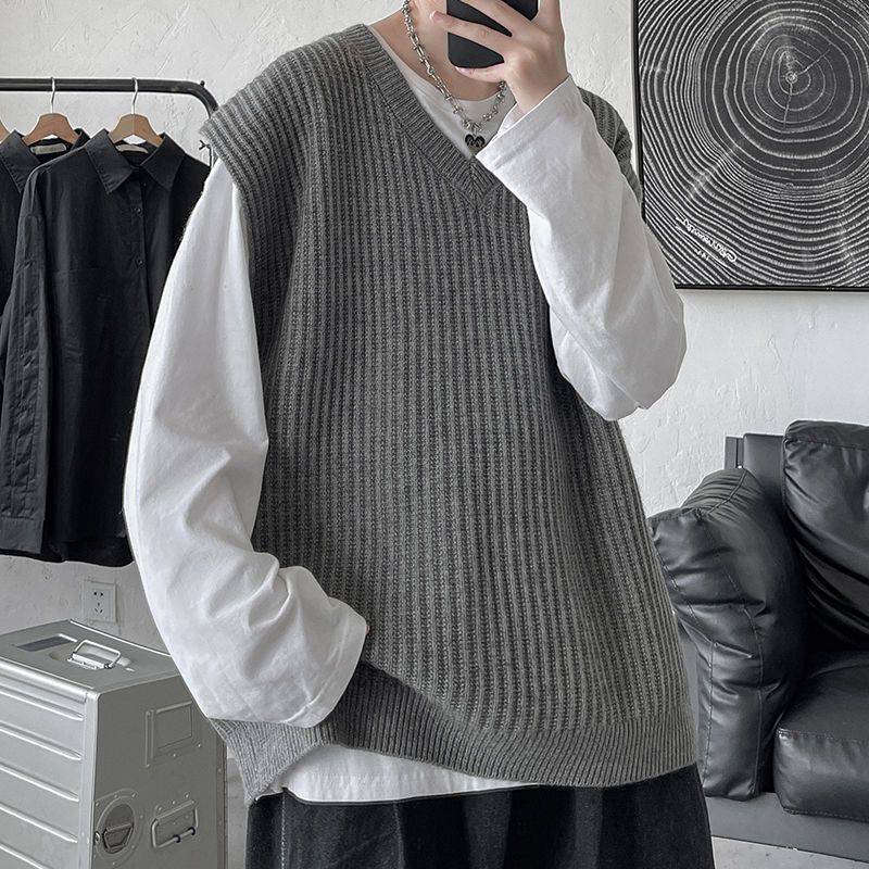 Men's V-neck Sweater Plus Size Vest Knitted Autumn And Winter College Style Waistcoat Vest Coat