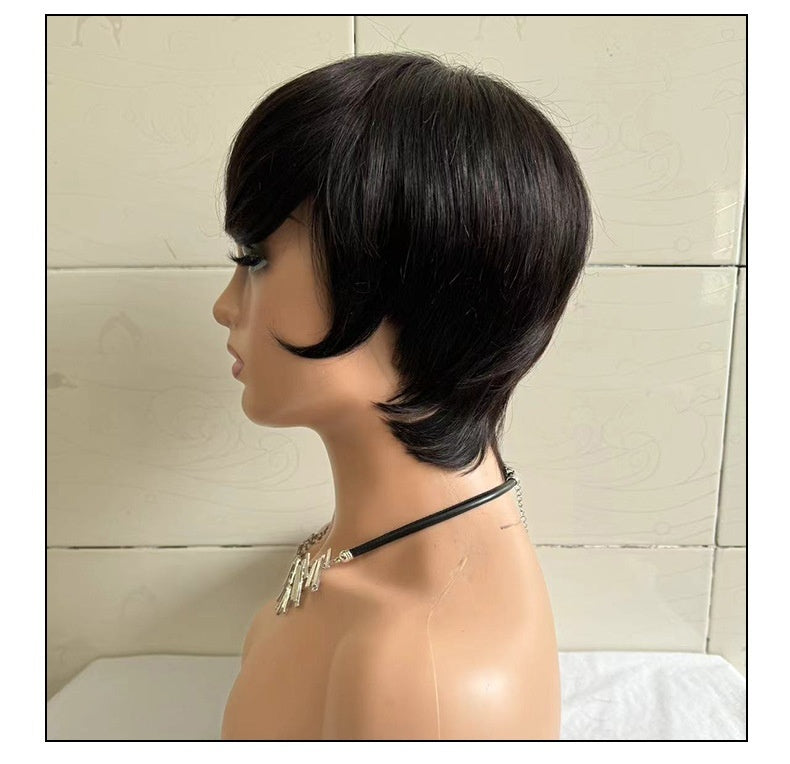 Short Straight Wig Women's Short Hair Head Cover Real Human Hair