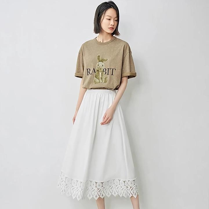 Elegant Lace Spliced Mid-Calf A-Line Skirt for Women