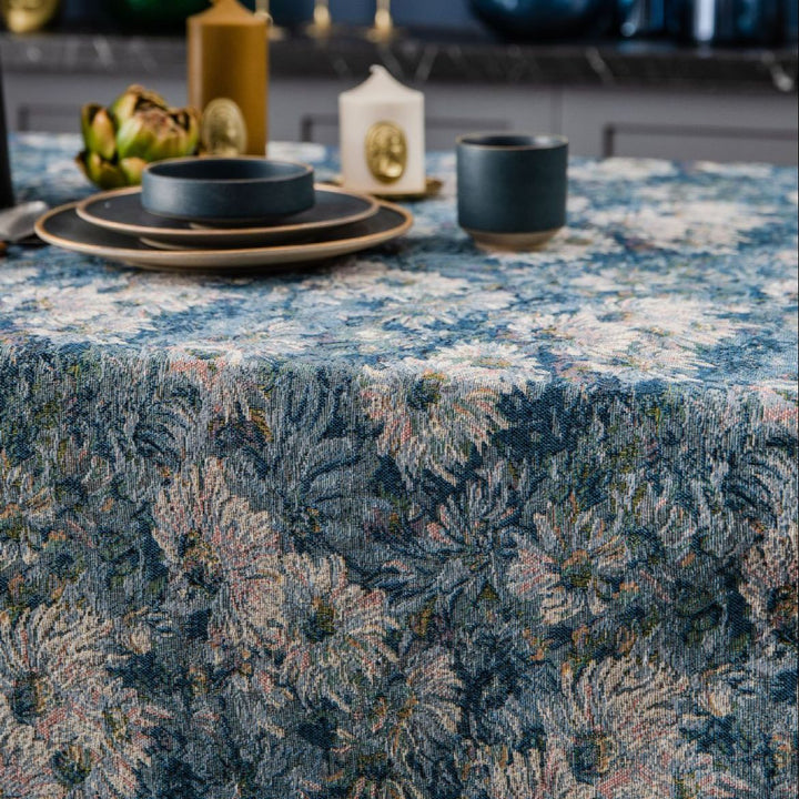 Blue Jacquard Floral Tablecloth - Dustproof Rectangular Cover for Dining and Coffee Tables