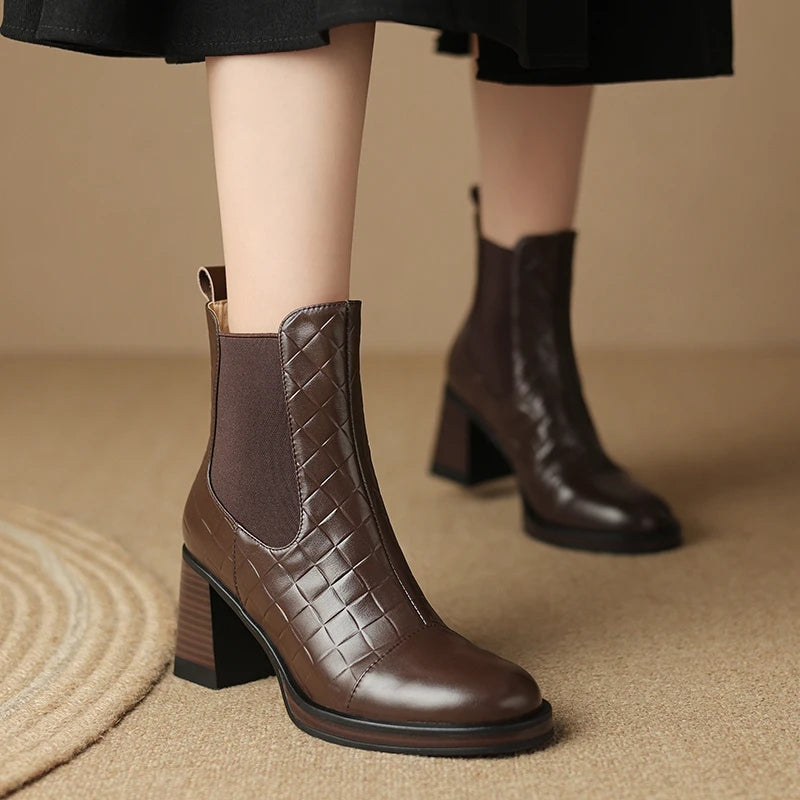 Stylish Women's Genuine Leather Ankle Boots with Chunky Heels