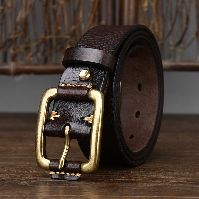 Men's Simple Fashion First Layer Cowhide Retro Brass Buckle Belt