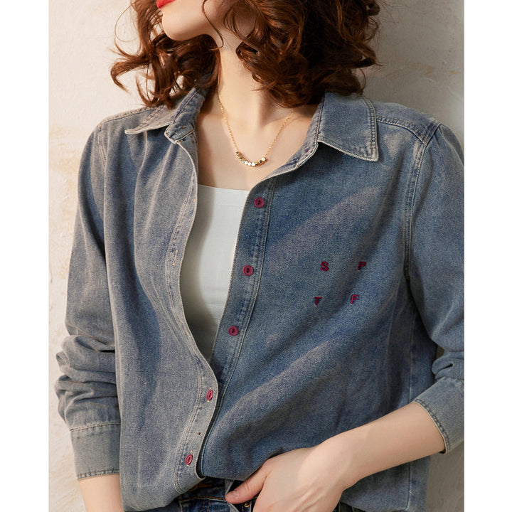 Spring Casual Denim Shirt with Embroidery