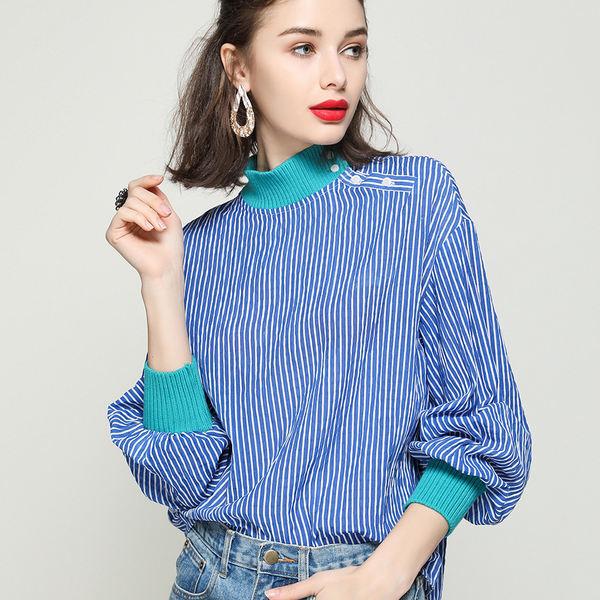 Striped Lantern Sleeve Ribbed Blouse