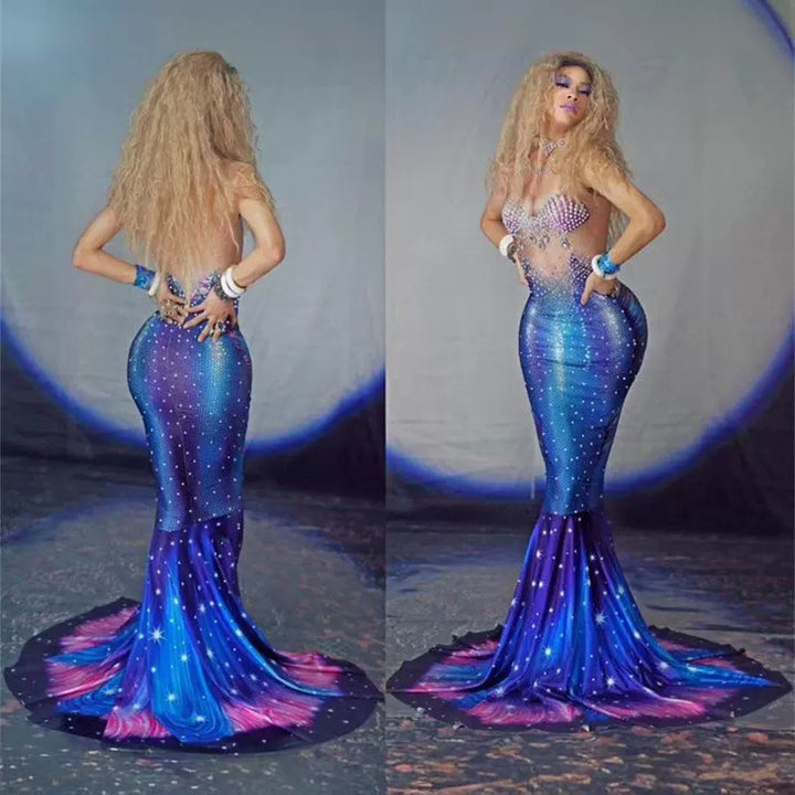 Mermaid Costume Blue Piranha Female Singer Hot Drilling