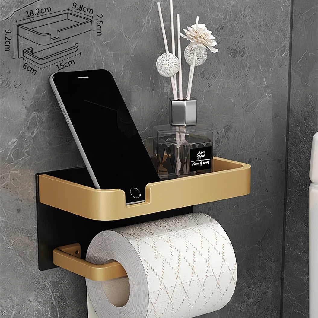 Black & Gold Aluminum Bathroom Paper Holder with Phone Shelf