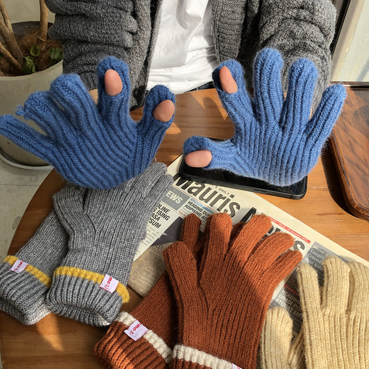 Knitted Contrast Color Wool Five-finger Gloves