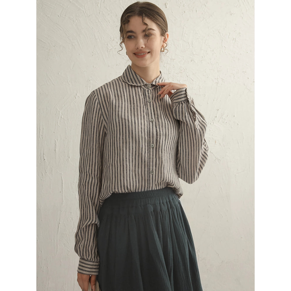 Vintage Striped Cotton Linen Long Sleeve Shirt