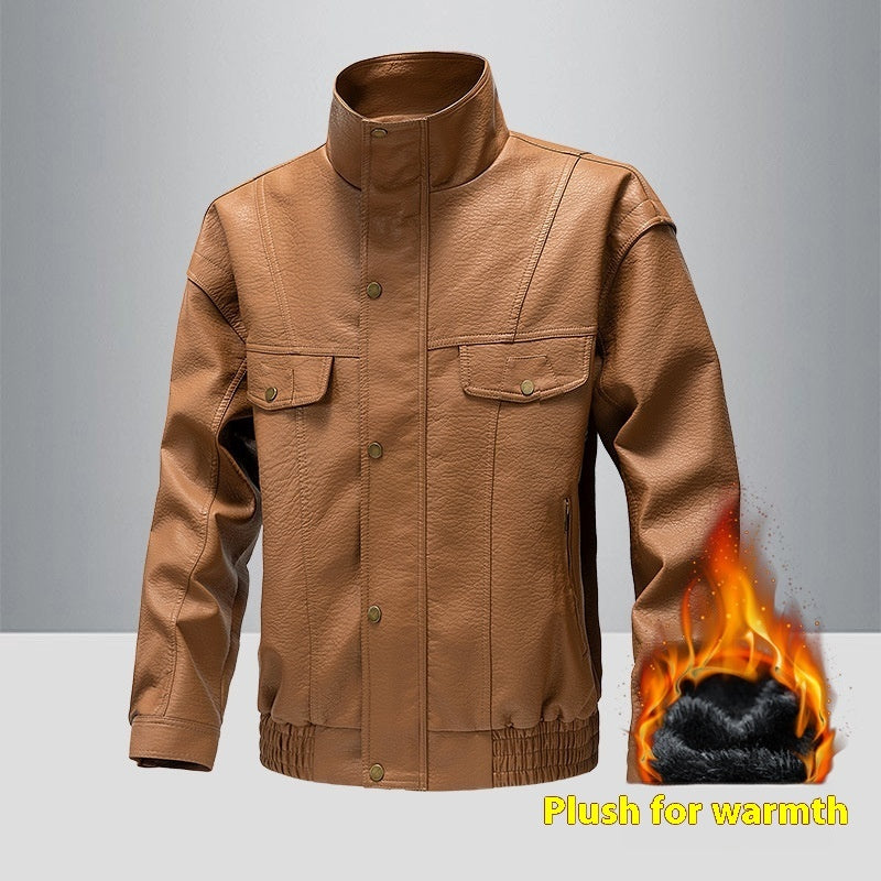 American Retro Fleece-lined Thickened Casual Leather Jacket