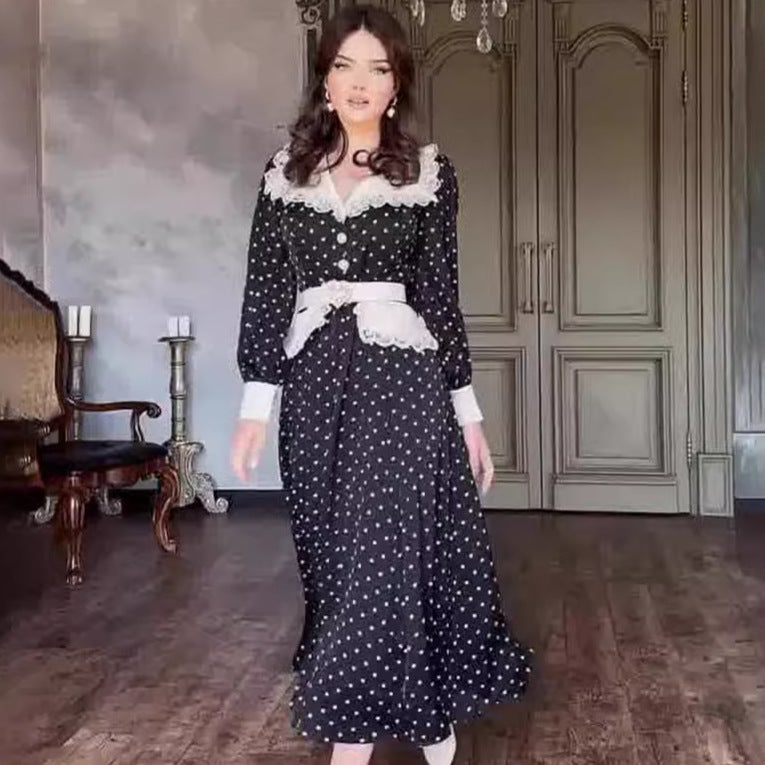 Lace Doll Collar Polka Dot Print Dress