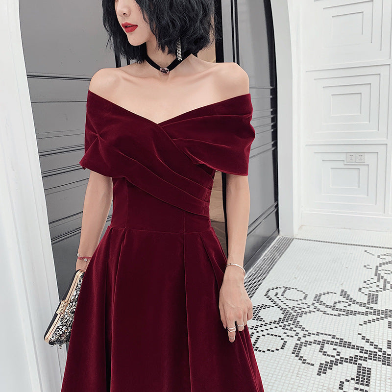 Off-shoulder Toast Bride Wine Red Dress