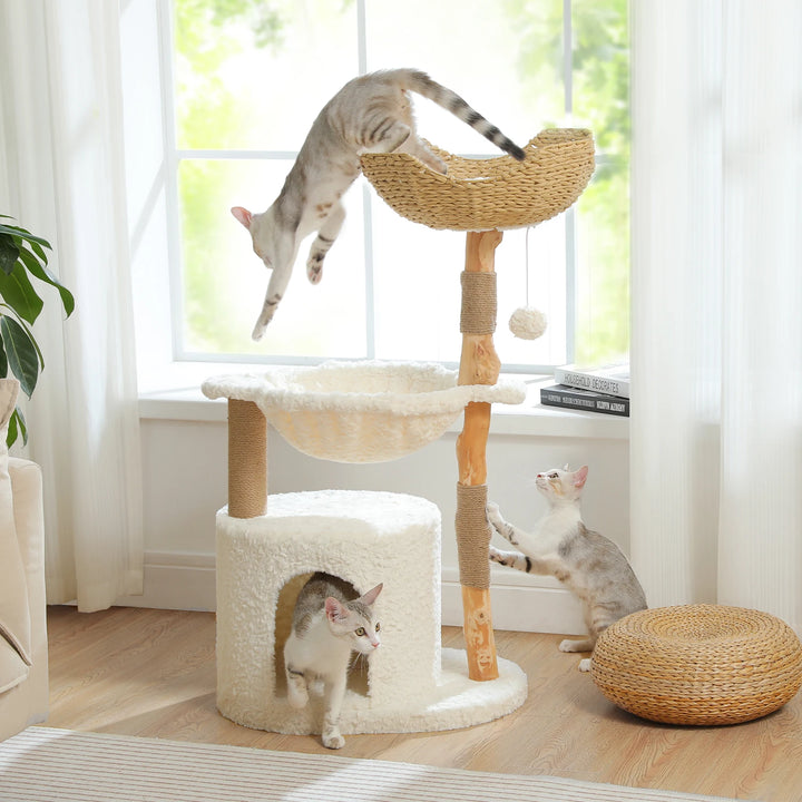 Modern Cat Tree with Woven Basket, Hammock & Solid Wood Scratching Post for Large Indoor Cats