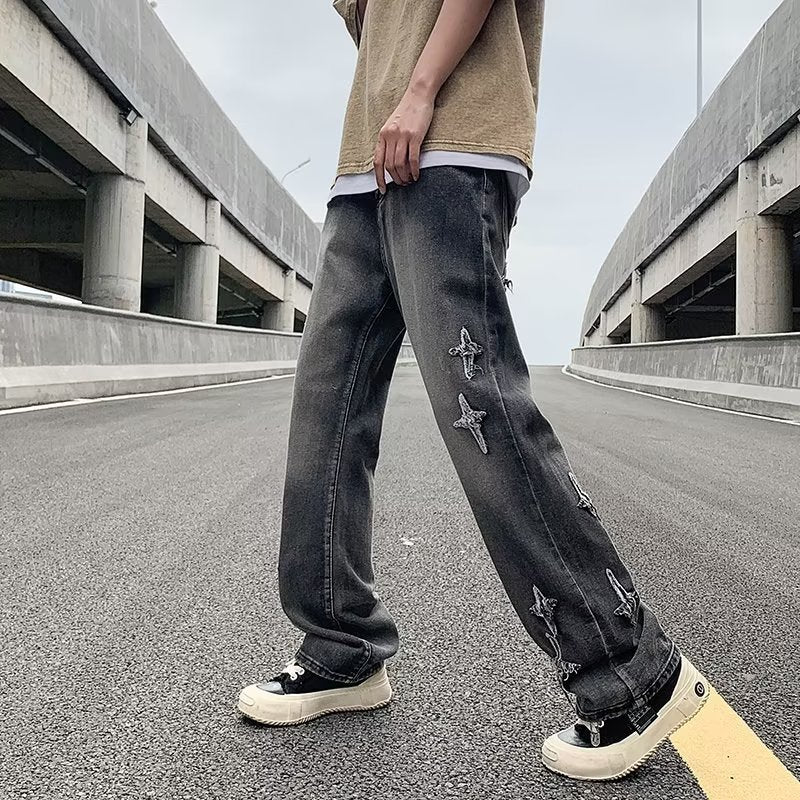 Zipper Loose Denim Trousers Men