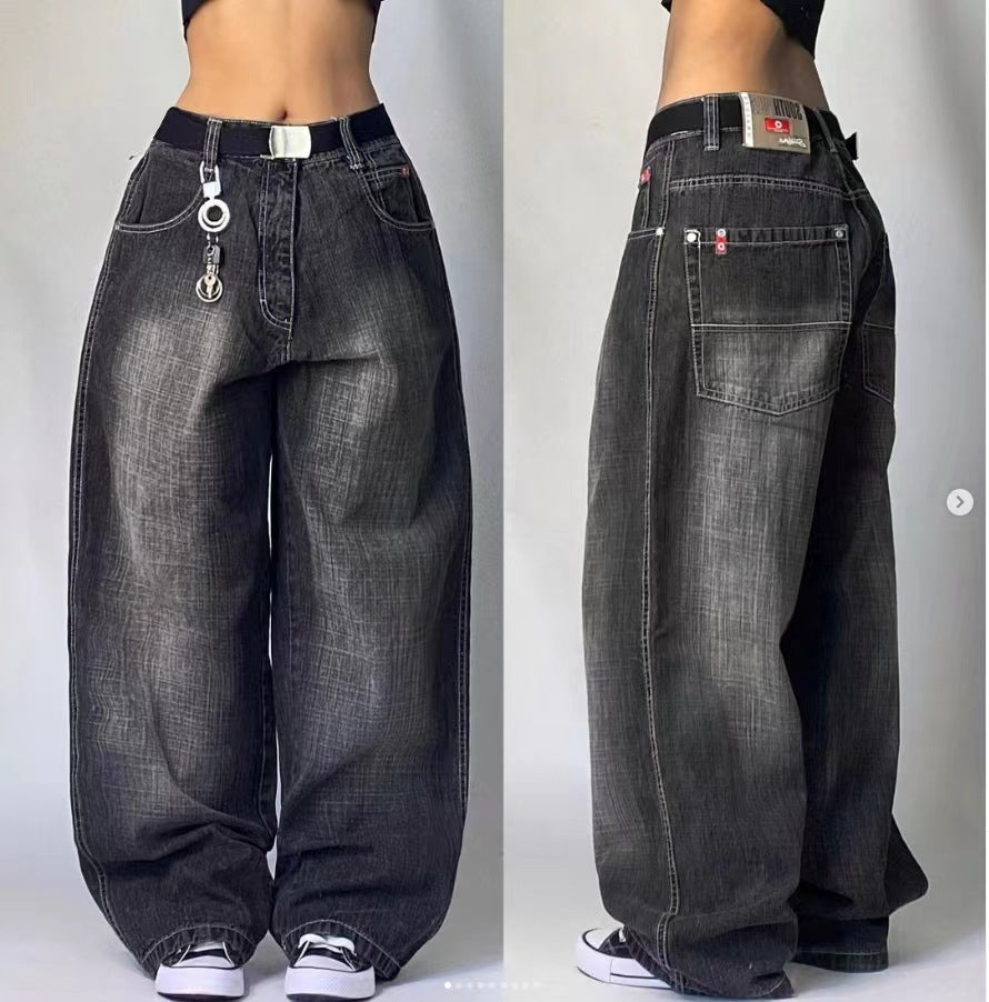 High Waist Retro Distressed Black Gray Wide-leg Jeans