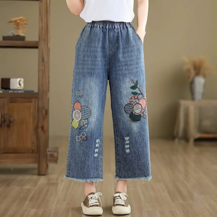 Floral Embroidered Vintage Jeans for Women
