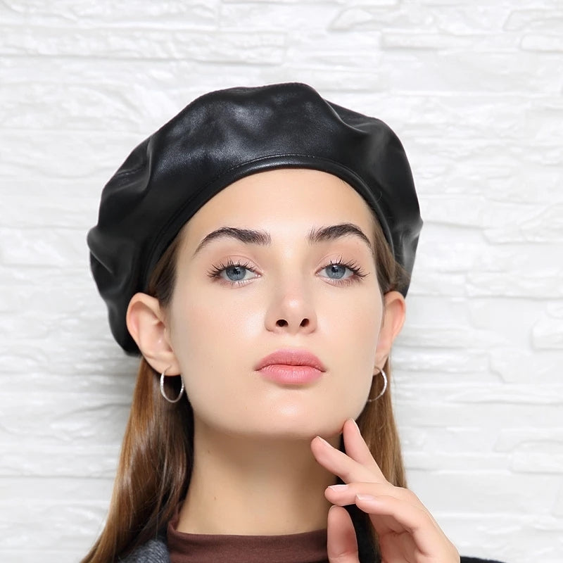 Genuine Leather Retro Beret Cap for Women