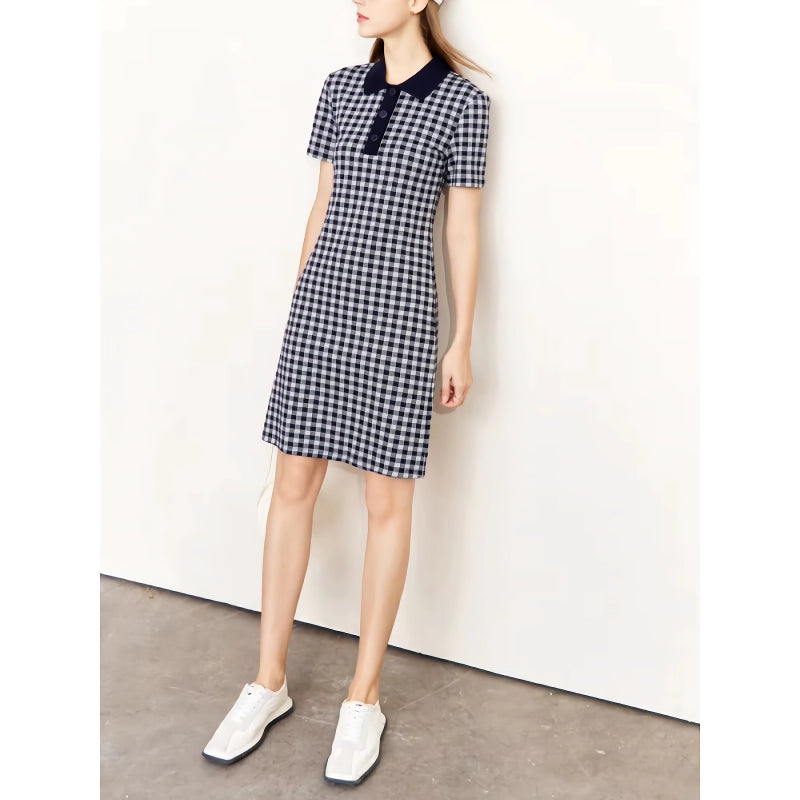 Checkerboard Slim Polo Collar Dress