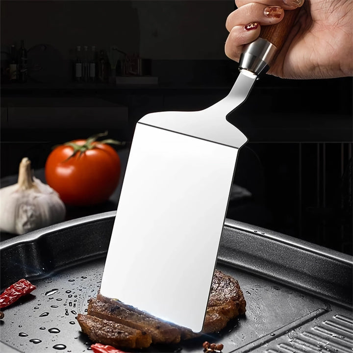 Stainless Steel Cooking Spatula with Wooden Handle - Teppanyaki, Pizza, Pancake, and BBQ Utensils