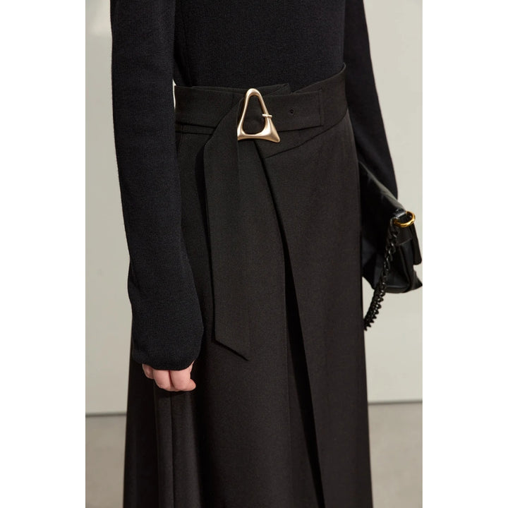 Trendy Office Lady A-line Loose Skirt with Geometric Buckle Belt