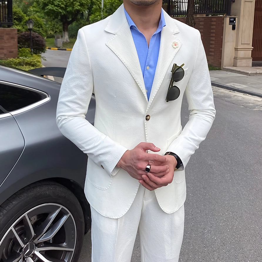 Stylish White Seersucker Suit for Men - Italian Slim Fit