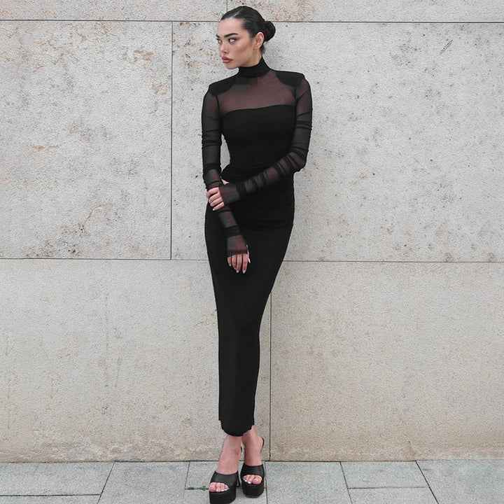 Mesh Stitching Finger Fit Design Long Sleeve Turtleneck Slim-fit Sheath Dress