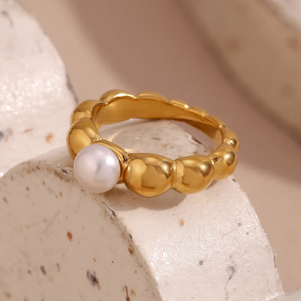 Lace Wave Pearl Ring, 18K Gold Plated, Waterproof Stainless Steel Jewelry