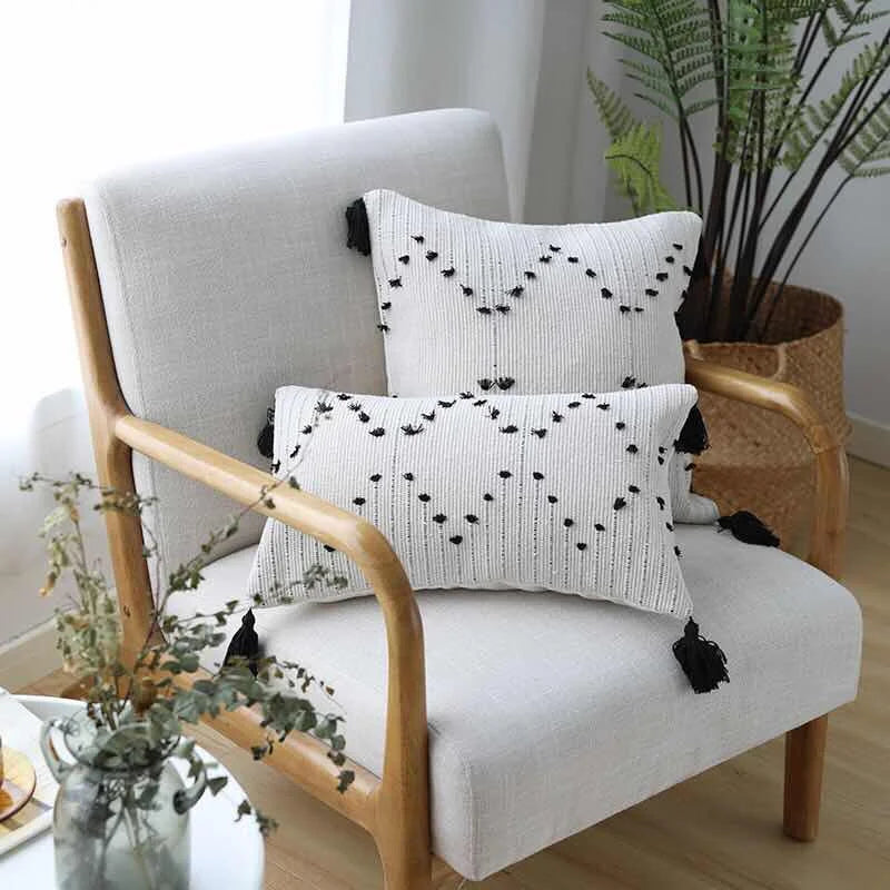 White and Black Geometric Cushion Cover with Tassels