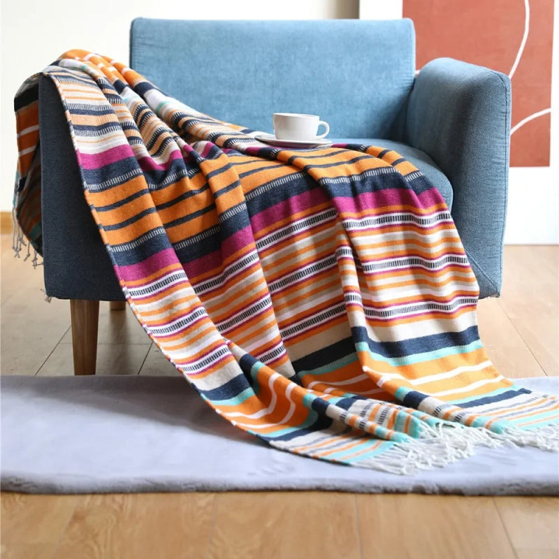 Boho Stripe Knitted Throw Blanket with Tassels