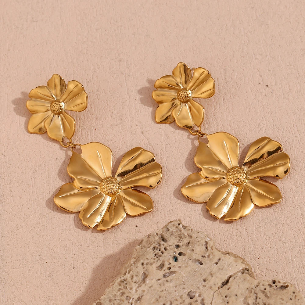 18K Gold Plated Two Flower Drop Earrings - Waterproof & Tarnish Free Stainless Steel