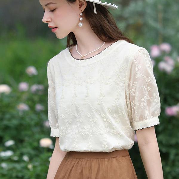 Elegant Floral Embroidered Blouse with Puff Sleeves