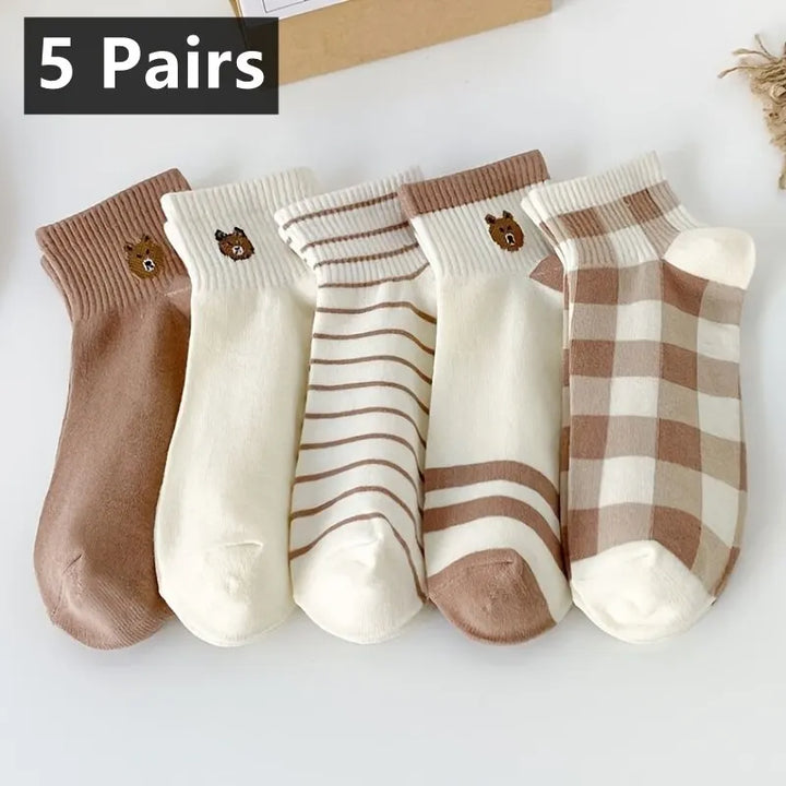 5 Pairs Cute Teddy Bear Ankle Socks - Comfy Short Crew Socks