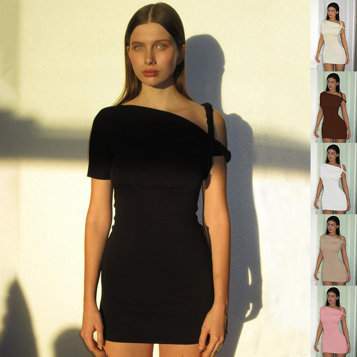 Women's Slim Hip Dress Summer Fashion One-shoulder Short Sleeve Solid Color Dresses
