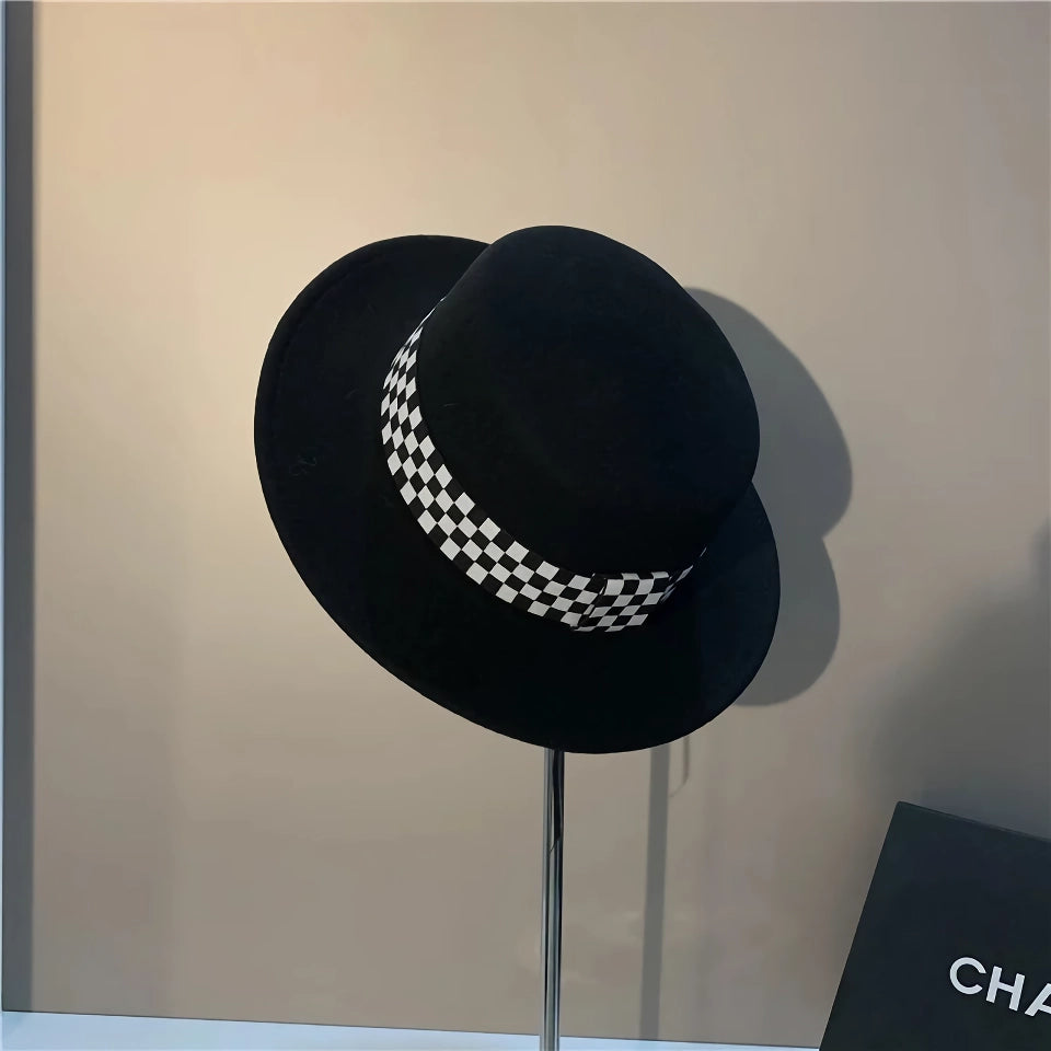 Checkerboard Wool Fedora Hat - Chic Autumn Winter Accessory