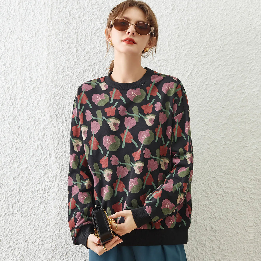 Sweatshirt Retro Floral Print Loose-Fit Pullover - Casual Style