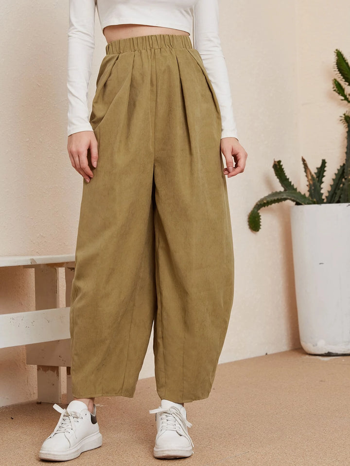 High-Waist Cotton Casual Trousers with Pockets - Loose Fit Autumn Pants