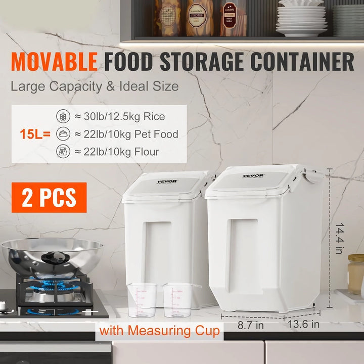 Ingredient Storage Bin 2 x 15L with Measuring Cups and Airtight Lid