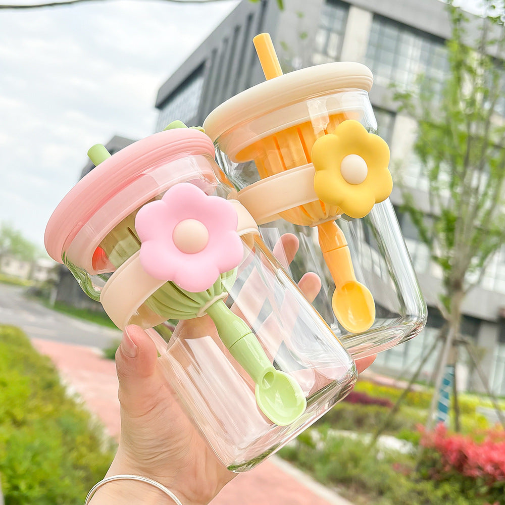 Flower Glass Cup with Lid, Straw, and Infuser